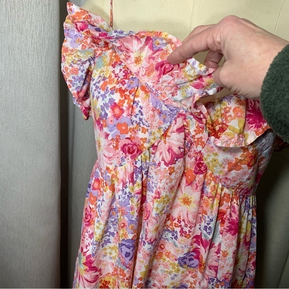 Floral Maxi Dress Pink Sz M Colorful Cotton Ruffle Neckline Boho Prairie - Picture 6 of 13